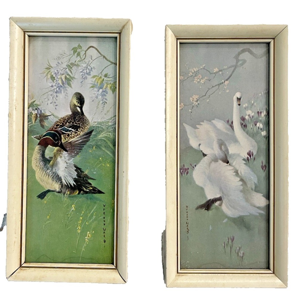 Vtg Pair Sm Vernon Ward Painting Print Ducks & Swans Wood Framed MCM 3.75x8"